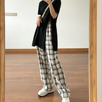Plaid pants 2021 new summer thin loose high waist hanging black and white straight tube casual mop wide leg pants women