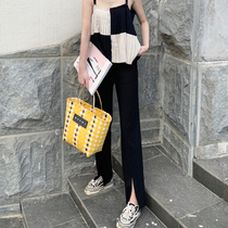 Black split knit straight wide leg pants spring and summer high waist slimming hot girl mop pants loose casual long pants