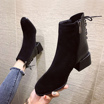 Genuine leather coarse heel Martin boots female autumn winter 2021 new single boot Inlenty wind fashion 100 hitch square head plus suede short cylinder boots