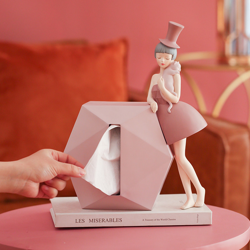 Cat girl living room dining table toilet paper box coffee table storage box decoration resin napkin box light luxury home decoration