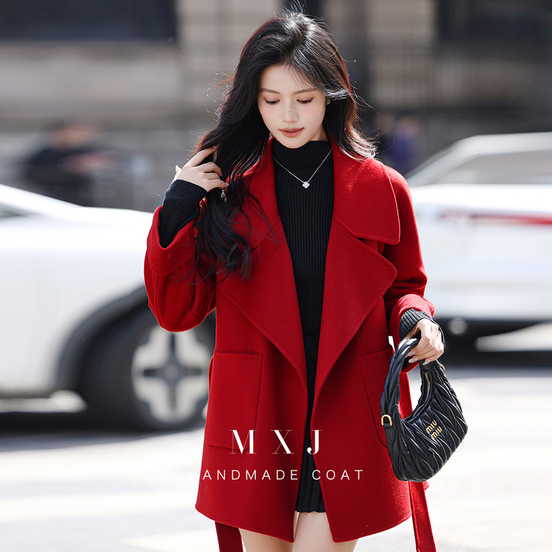 Meixiao Jiao【Xinyi】Red Short Wool Coat for Women, Bride, Wedding, Petite, Double-Sided Woolen Jacket