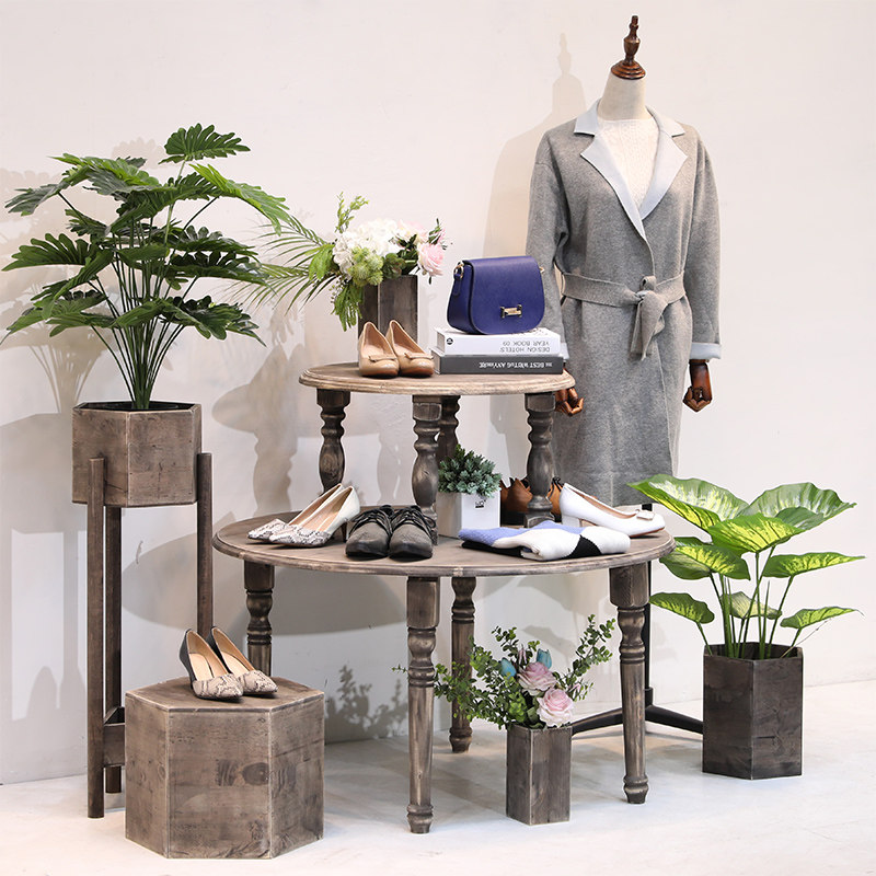 Clothing store display stand floor-standing high and low island solid wood retro window display stand women's clothing store shelf shoe bag