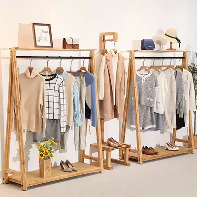 Minimalist men's and women's clothing shelves solid wood clothing store hangers display stand floor-to-ceiling retro children's clothing hangers