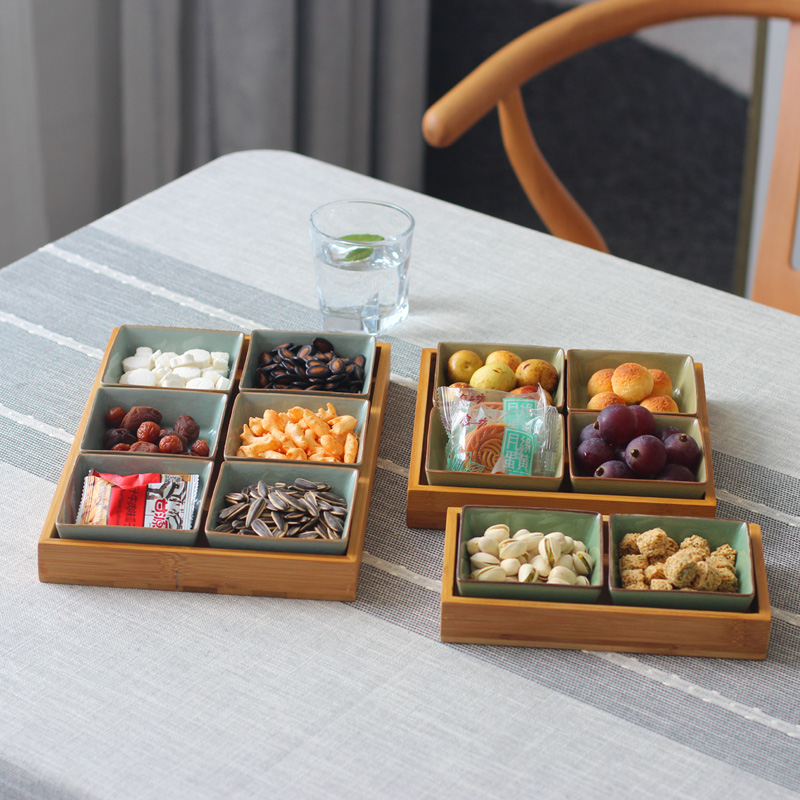 Celadon Japanese Ceramic Snack Pack Divided Tray Dyed Fruit Snack Sweet Candy Melon Seed Home Living Room Nut Box