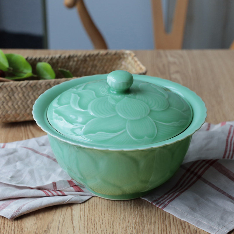 Green Porcelain Lotus Relief Cutlery Soup Bowl with lid Home Large Bowl Pans Pan ceramic bowls Commutable vintaway retro deep bowl
