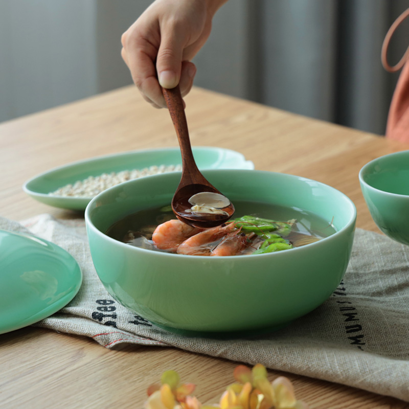 Green porcelain Chinese minimalist pure color vegetarian noodles 8-inch soup bowl with lid pan noodle bowl Ceramic Big Dish Bowl
