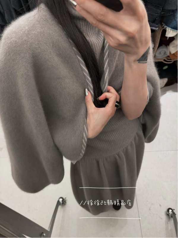 Korean-Style Soft Knit Three-Piece Set for Women: High-Neck Base Layer + Cape Shawl Jacket + Long Flared Skirt for Autumn and Winter Korean-Style Soft Knit Three-Piece Set for Women: High-Neck Base Layer + Cape Shawl Jacket + Long Flared Skirt for Autumn and Winter
