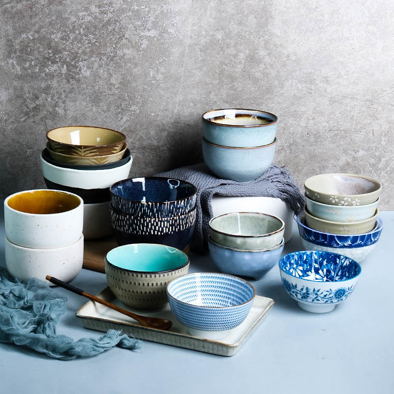 Creative Japanese European ceramic rice bowl Simple household porridge dessert soup bowl Personality relief retro rice bowl tableware