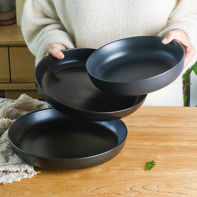 Retro Japanese-Style Round Ceramic Bowl Black High-End Dish Bowl Household Soup Noodle Bowl Steak Western Food Salad Pasta Deep Plate