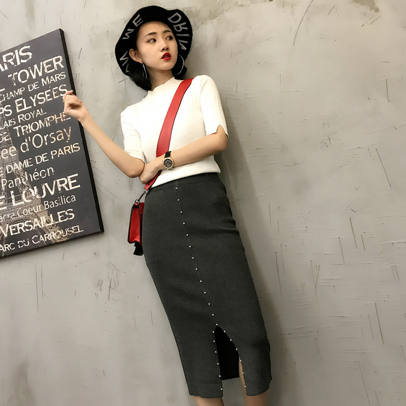 2017新款针织半身裙前系扣开叉包臀裙女中长款高腰显瘦修身一步裙