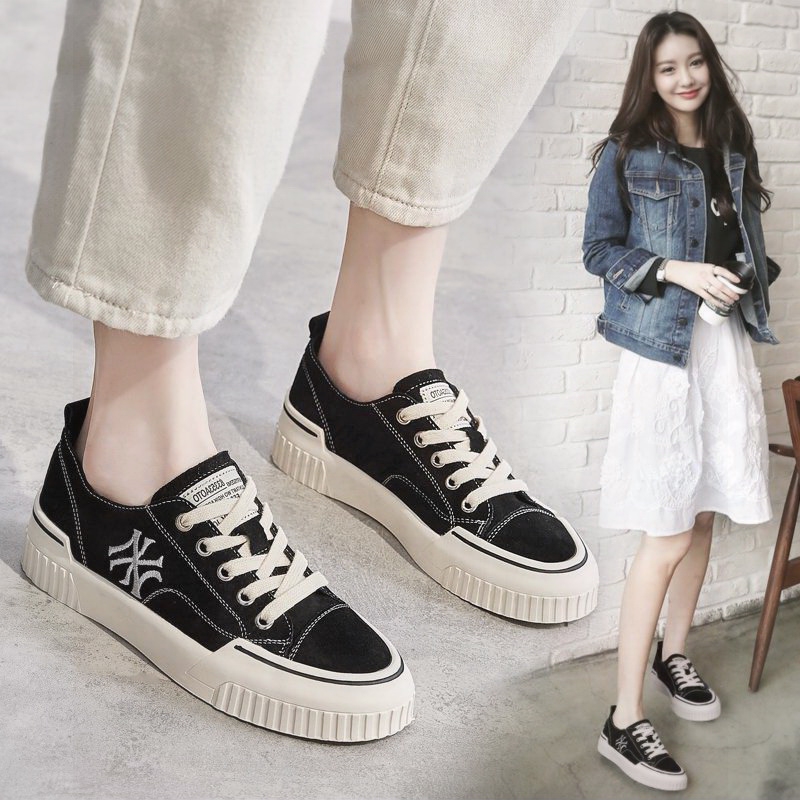 Hong Kong Thick-Soled Black Shoes for Women 2022 Spring and Summer New Versatile Casual Women's Shoes Sports Low-Top Canvas Shoes Women's Trendy