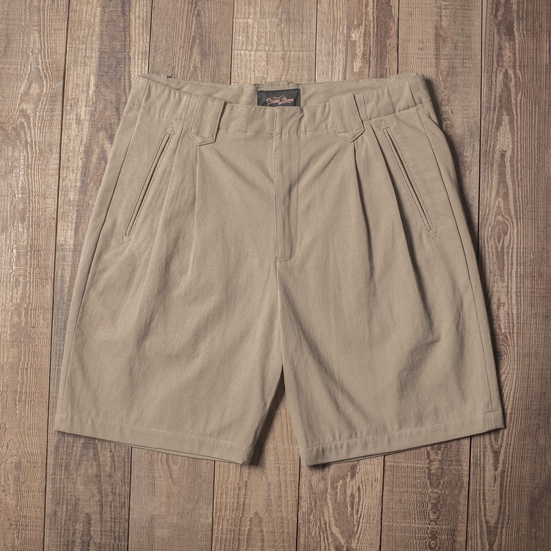 Double Seam Retro Casual Shorts Pleated Suit Shorts Pure Cotton Wide-Leg Five-Point Pants Khaki