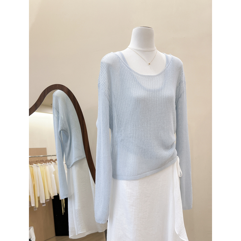2026 New Korean Style Unique and Beautiful Blue Hollow-Out Long-Sleeve Knitted Cardigan Vest Layered Two-Piece Top for Summer