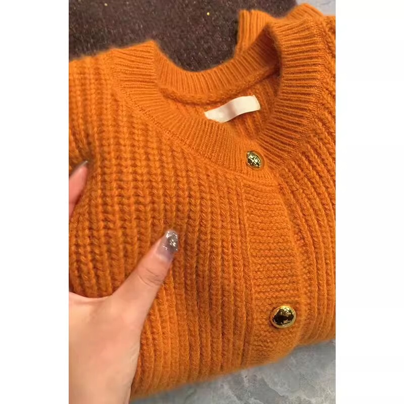 Korean-Style Pumpkin Orange Small Gold Button Raccoon Fur Sweater Coat for Women, Autumn and Winter, High-End, Lazy, Slimming Knit Cardigan