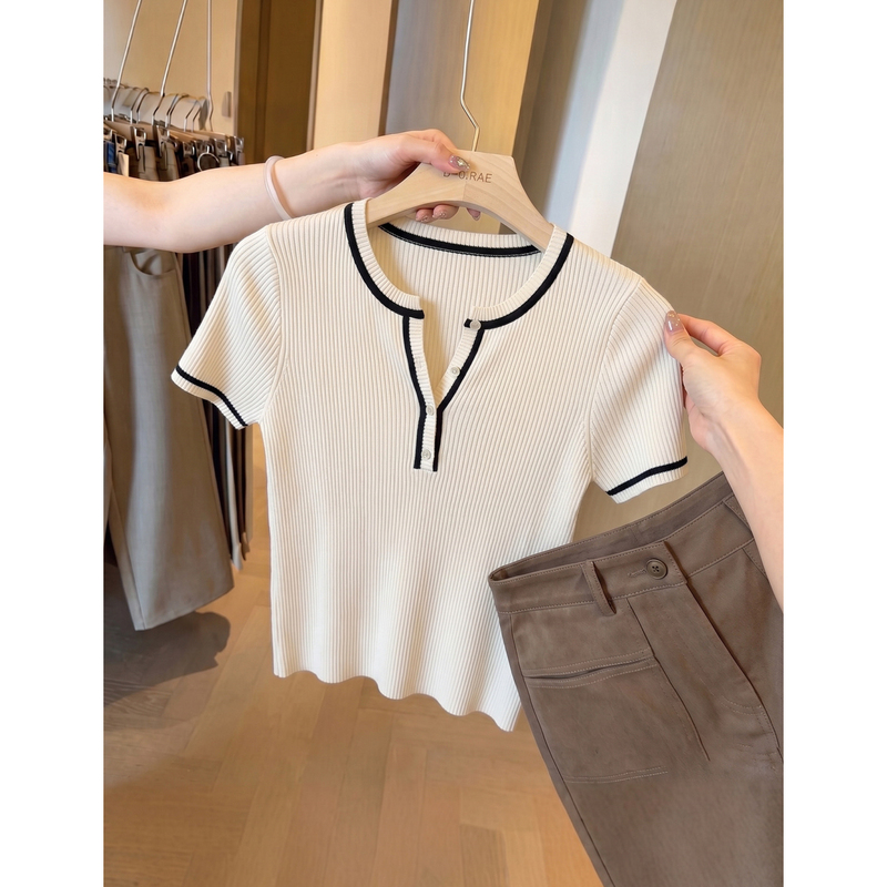 White Henry Collar Knitted Short-Sleeve T-Shirt for Women, Summer Korean Style, Unique and Chic, Super Pretty, Slim Fit, Thin Top White Henry Collar Knitted Short-Sleeve T-Shirt for Women, Summer Korean Style, Unique and Chic, Super Pretty, Slim Fit, Thin Top