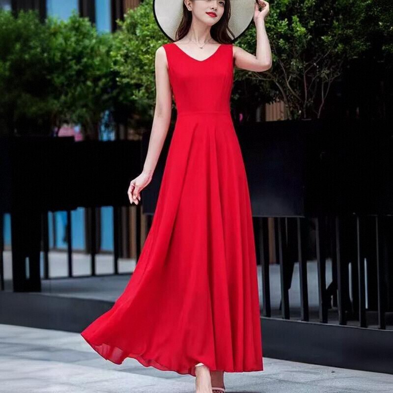 Red Dress for Women, Summer, Plus Size, Tall, A-Line Skirt, Ankle-Length, Extra-Long Skirt, Loose V-Neck, Long Camisole Dress