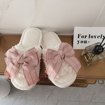 Korean version sweet and elegant butterfly knots wool wool slippers Home Ins Home Non-slip Comfort Flat-bottomed Cotton Tug