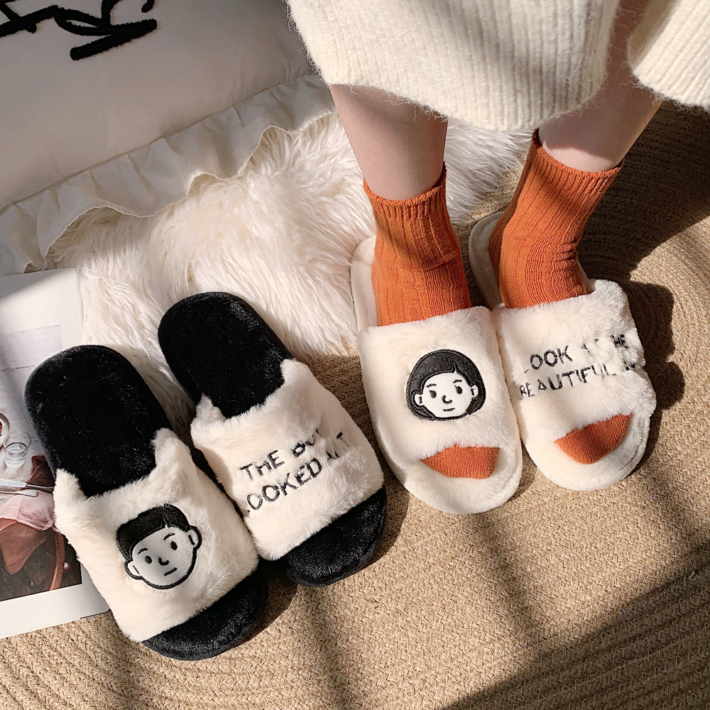 Korean Version Winter Chic Cartoon Lovers Cotton Tug Cute Flat Bottom Fur Tug Comfort Moozi Home Cotton Slippers Non-slip
