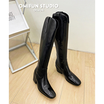 (brawl rice) by autumn winter fars new V stomata square head knight boots female lacquer leather coarse heel-slim heightening boots