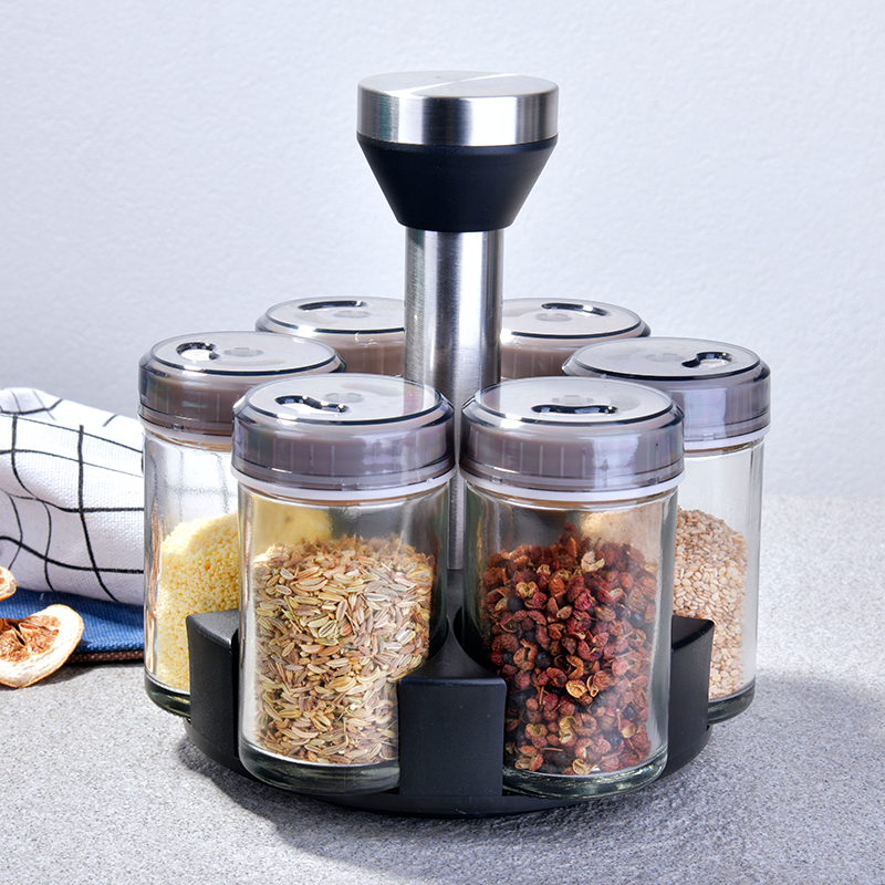 Kitchen glass seasoning storage bottle combination with lid salt white brown sugar seasoning jar rotating shelf commercial