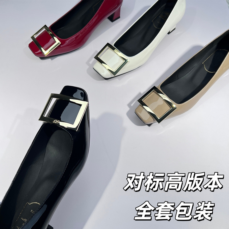 Cross-Border Original Logovv Square Buckle Patent Leather High Heels, Elegant Party Shoes, Lightweight Work and Commuting Shoes, Wedding Shoes, Versatile Single Shoes