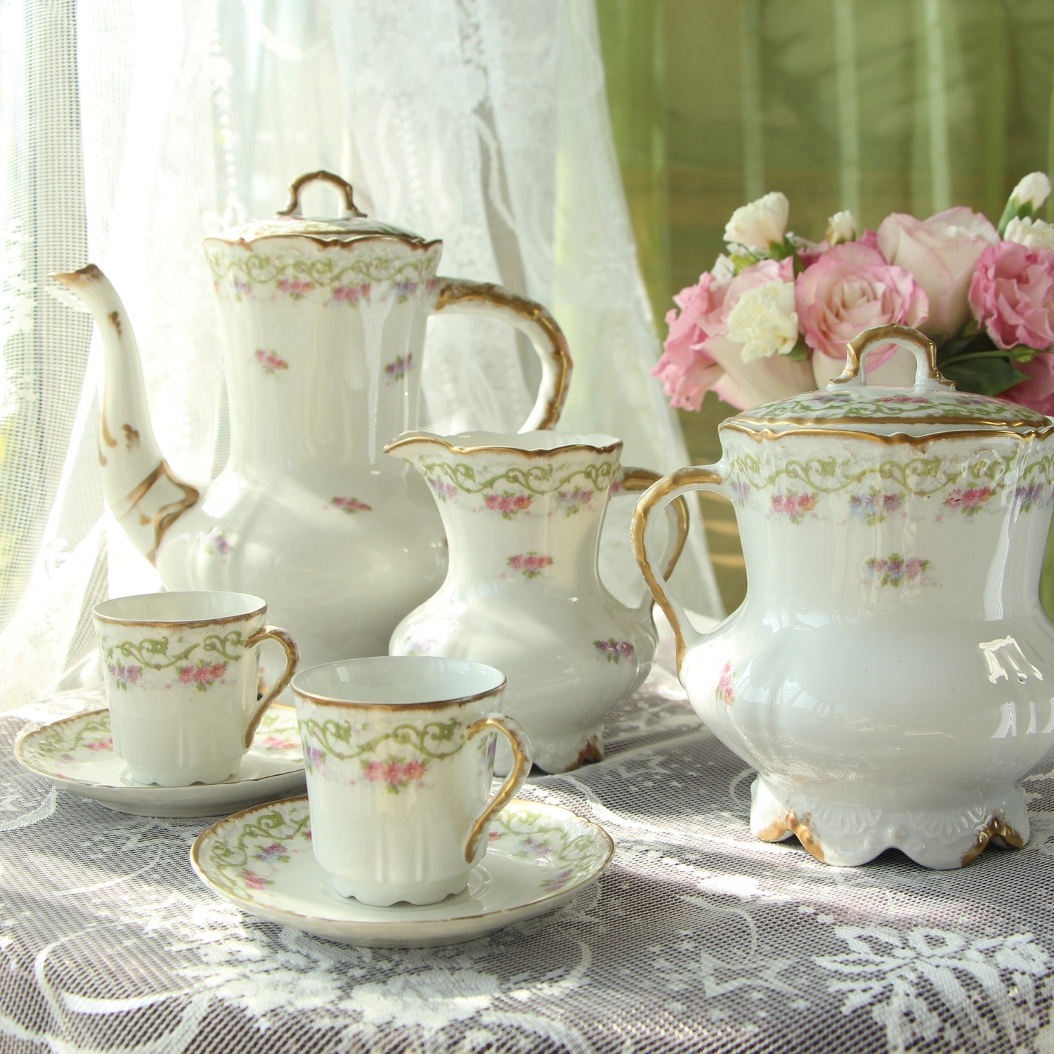 Spot French limoges green vine florets Rococo wind belly coffee pot sugar pot milk pot Mocha coffee cup