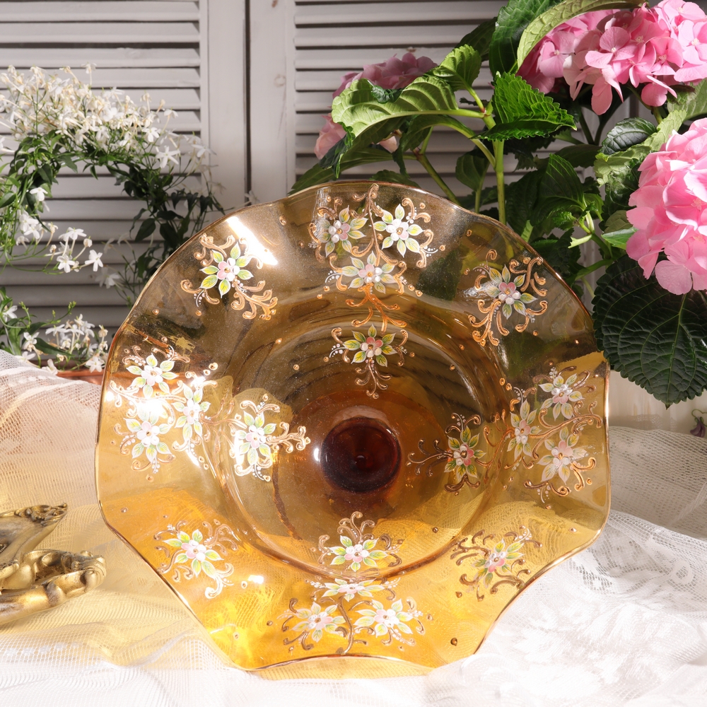 Spot Czech Bohemia yellow-brown crystal glass gilt hand-painted wine set set with wavy edge high-legged fruit plate