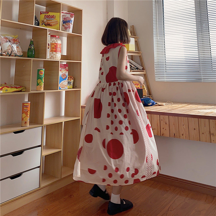 赤色ドットパッチワーク フリル襟 アシンメトリーカット ゆったり