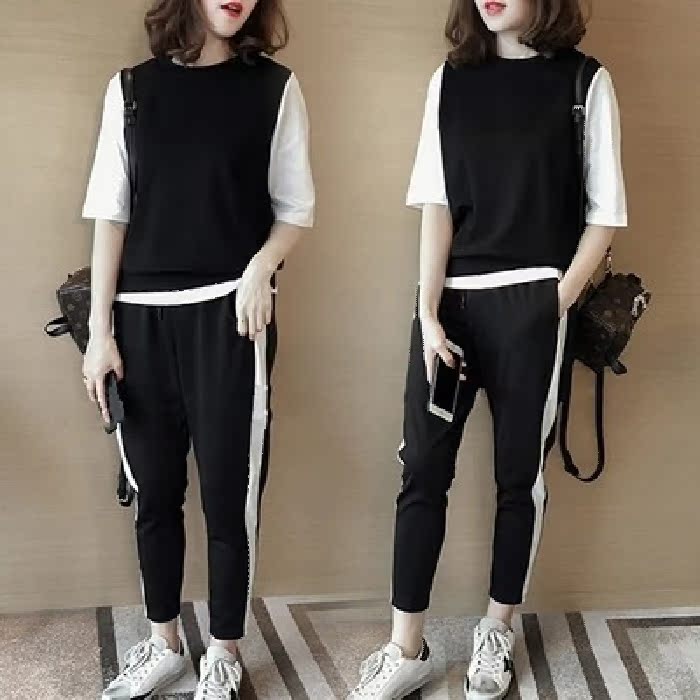 Summer new fashion sports suit female student running casual wear slim half sleeve Capris two piece set