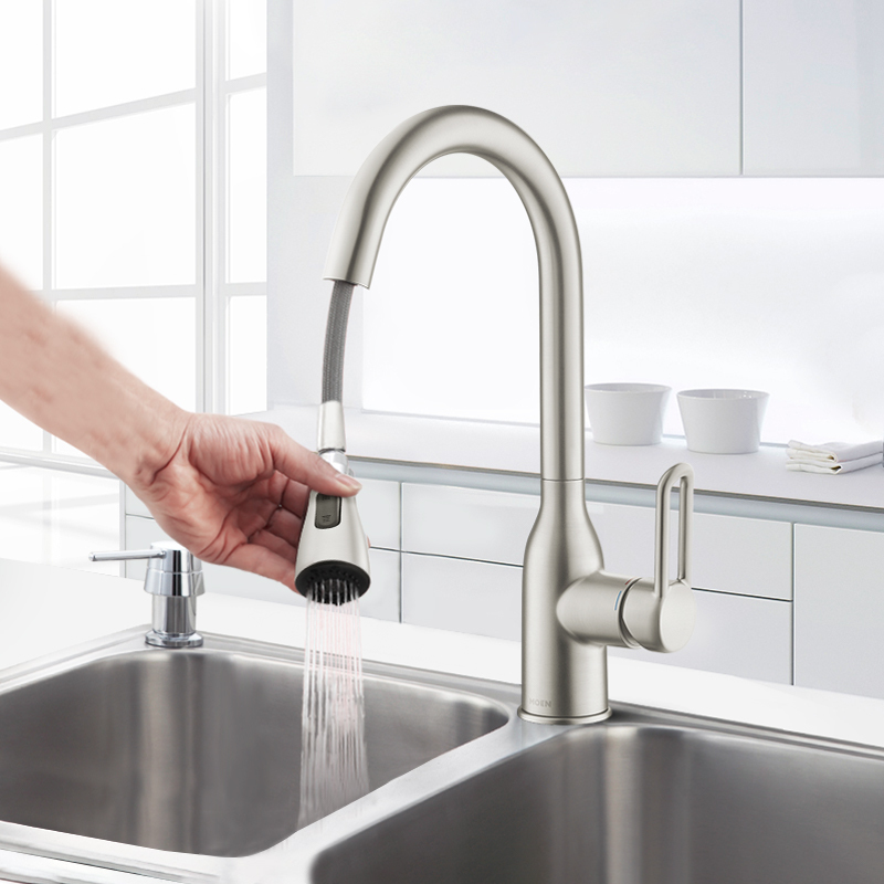 Moen Kitchen Hot and Cold Water Faucet Pull-Out Sink Basin Copper Household Rotating Splash-Proof 68002/7864Srs
