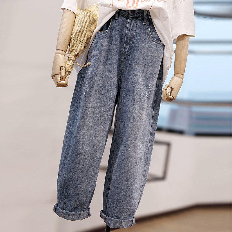 Spring and autumn large size women's loose jeans women's summer thin fat mm fried street pants show thin high waist Harun Dad pants