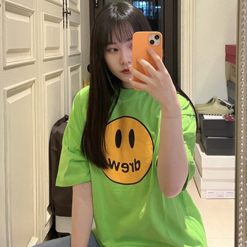 Bieber-Style Drew Smiley Face Pure Cotton Short-Sleeve T-Shirt with Letters, European and American Style, Couple's Trendy Brand, Loose Fit for Men and Women