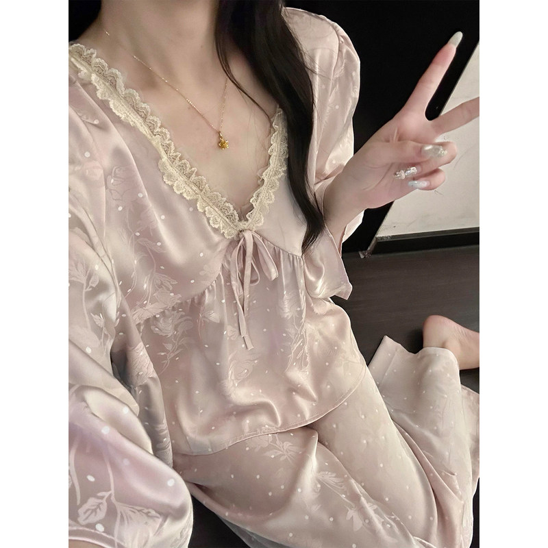 Victorian Style Silk Pajamas for Women 2026 New Autumn Lace Polka Dot Ice Silk Long-Sleeved Pants Home Wear Set