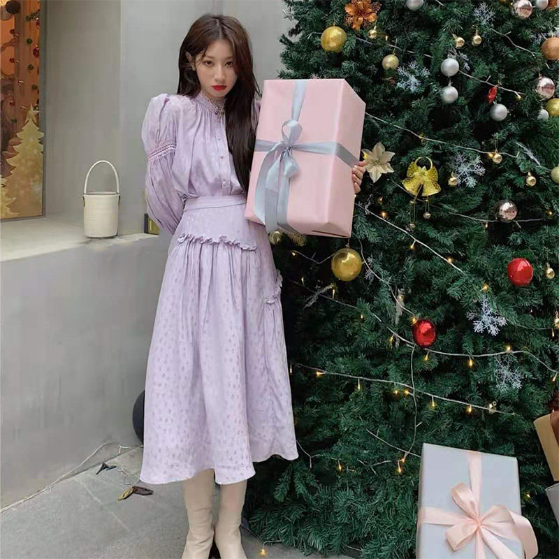 Xiaoxiangfeng puff sleeves purple two-piece dress women's spring 2022 new French ladies temperament suit skirt