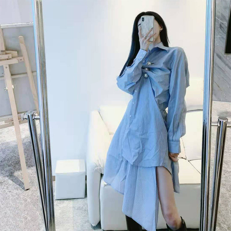 2022 Spring Women's Irregular Design Shirt Skirt Super Xian Sen Striped Long Sleeve Tea Break French Dress