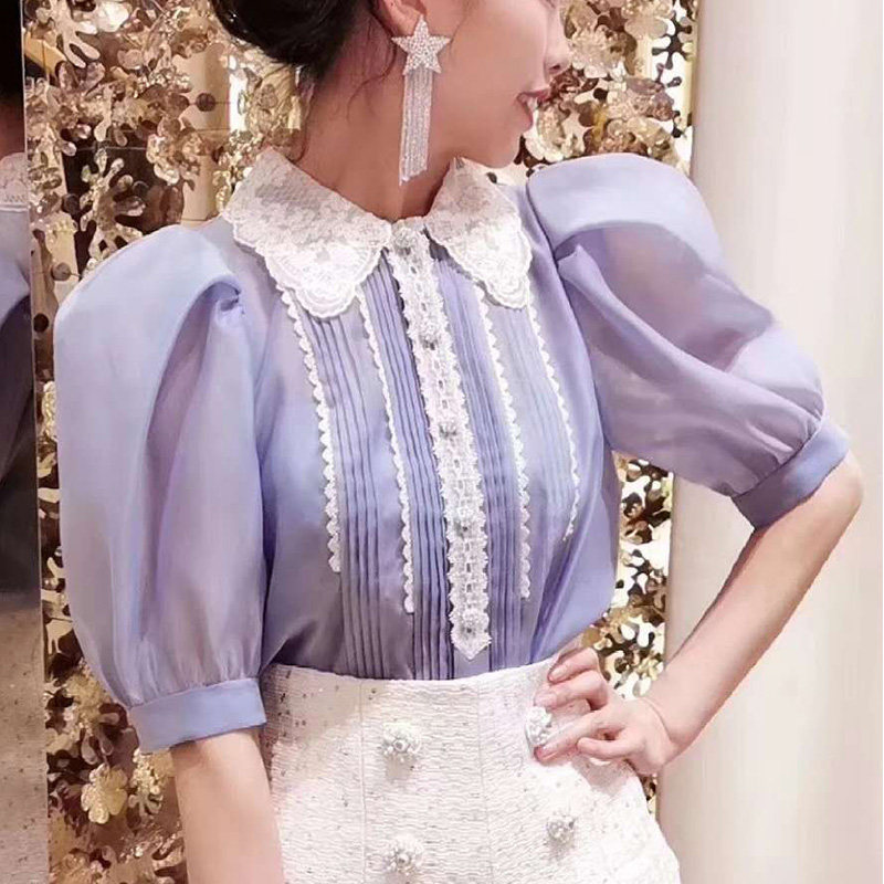 Light purple sniff coat 2023 new summer Korean short - sleeved small fairy doll shirt light - cooked snow - spinning