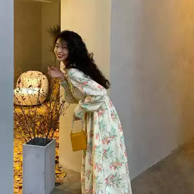 Printed literary retro lace loose slim big swing waist dress women autumn 2021 new floral skirt