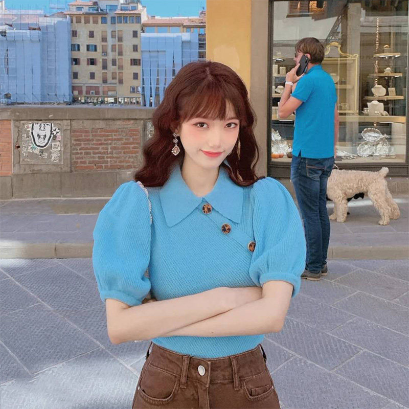 Short Sleeve Polo Collar Hooded Sweater Women's Summer 2022 New Fashion 100 Hitch Slim Foreign Pie Knit Cardiovert Blouse