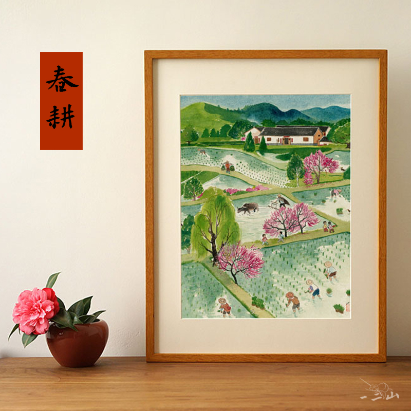 A - two mountain original spring tillage landscape solid wood ink painting room decorative painting of the porch of the emperor