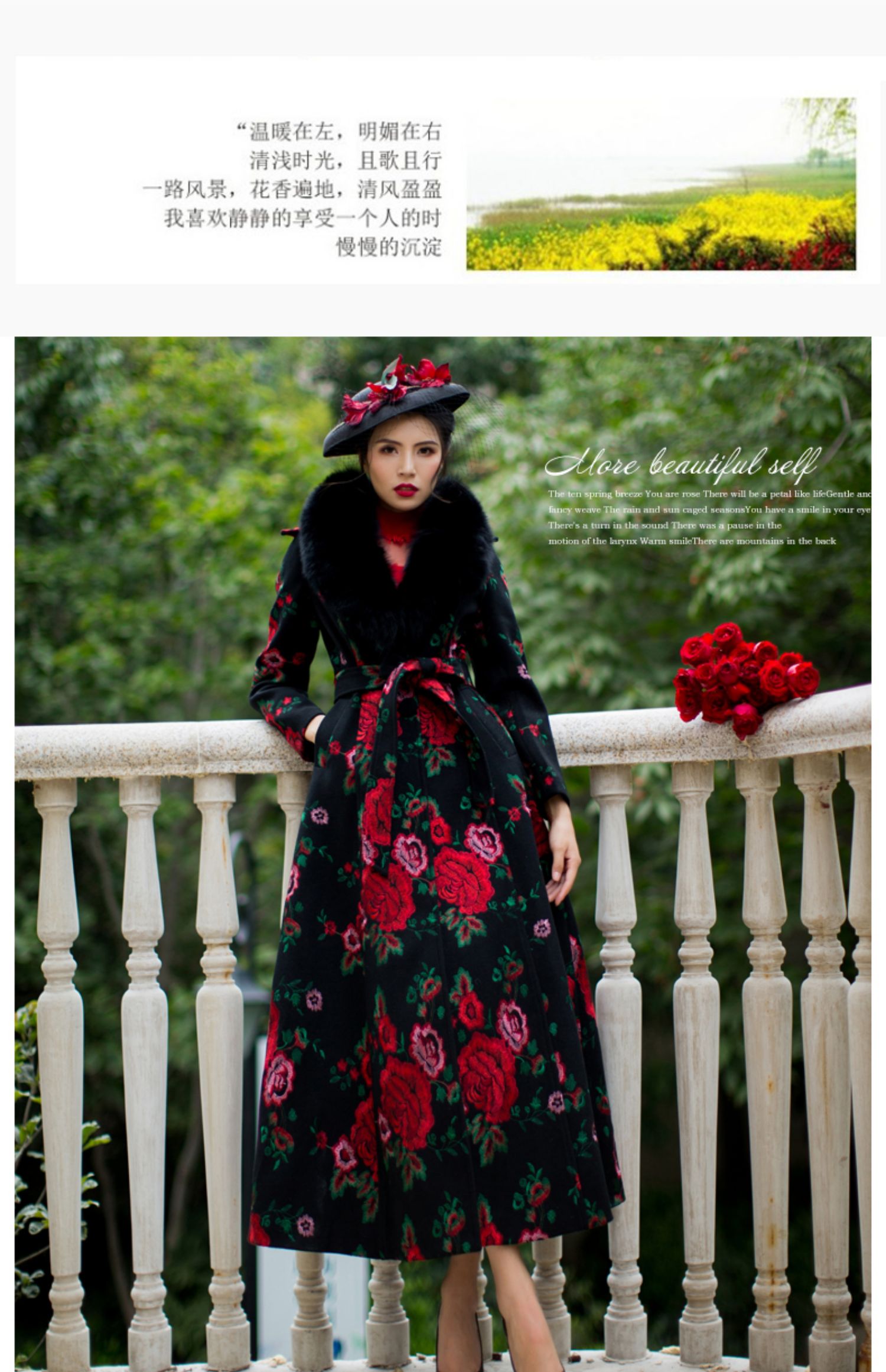Mới retro nặng thêu thêu áo khoác lông cáo cáo lông cỏ cổ áo nữ dài phần mỏng là áo len mỏng eo áo dạ nữ ngắn
