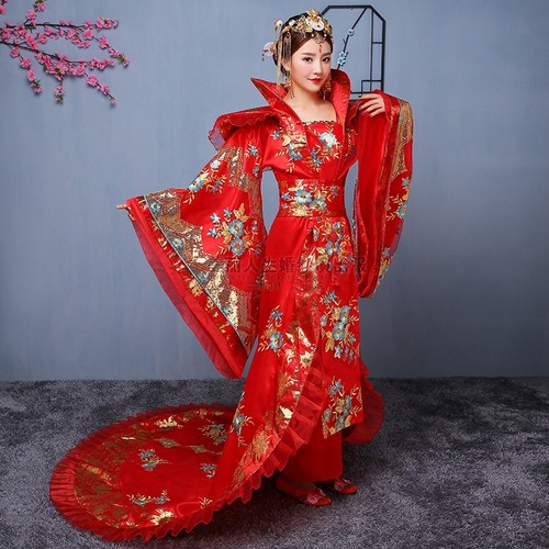 Chinese Folk Dance Dress Ancient Costume Black luxury tailed Empress Wu Zetian imperial court dress Princess cross show Costume