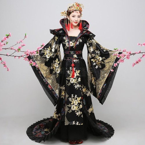 Chinese Folk Dance Dress Ancient Costume Black luxury tailed Empress Wu Zetian imperial court dress Princess cross show Costume