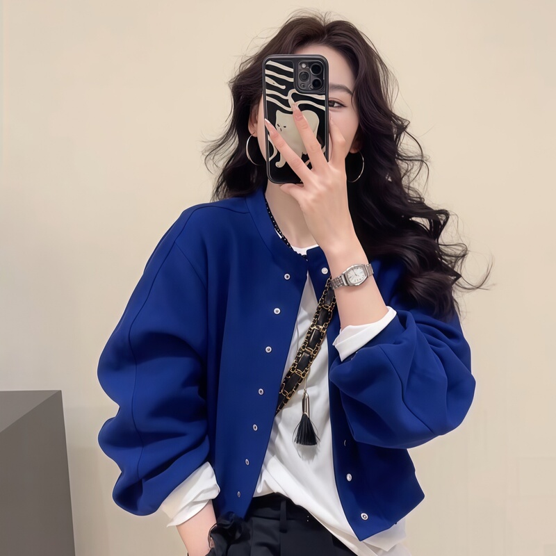 Klein Blue Round Neck Long-Sleeved Sweatshirt Jacket for Women 2026 New Autum Short Jacket Cardigan Super Nice Top Klein Blue Round Neck Long-Sleeved Sweatshirt Jacket for Women 2026 New Autum Short Jacket Cardigan Super Nice Top
