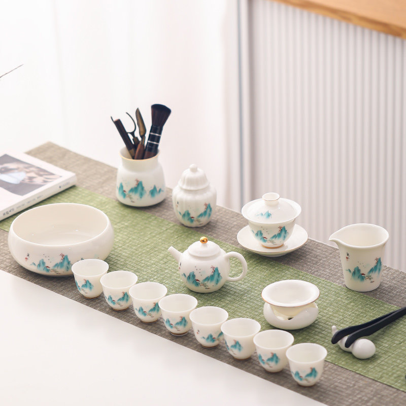 Shea Butter Jade Porcelain Tea Set Suit Home Living Room Tea Maker Office guests upscale Gongfu Tea Cup Gift Boxes-Taobao