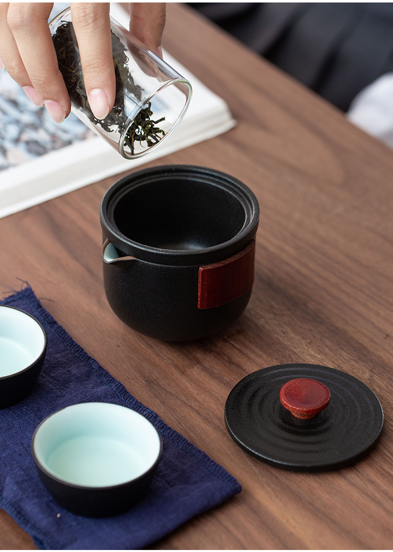 Good travel tea set of black suit a pot of 2 cups of portable receive package office ceramic kung fu wood handle teapot