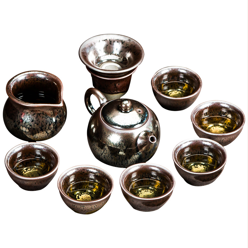 Temmoku droplets jianyang built light tea set household ceramics kung fu tea pot lid to use tire iron obsidian cup 12 pieces