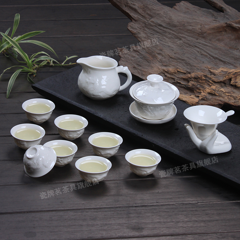 Porcelain brand Tea Dehua White jade porcelain embossed Dragon Ceramic Kung Fu tea set Teapot Teacup Tea set gift Pure white
