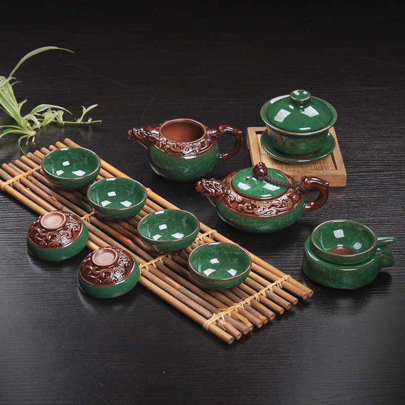 Ice crack relief dragon tea set piece of Ice to crack open the glaze ceramic kung fu tea cup lid bowl of a complete set of gift