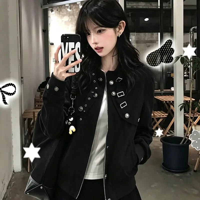 American High Street Style Sweet and Cool Spicy Girl Stand Collar Jacket for Women, Autumn and Winter Rivet Metal Buckle Heavy-Duty Design Biker Unisex Coat
