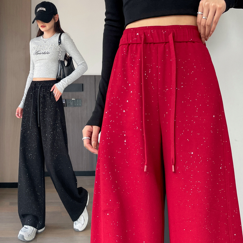 Red Sequin Wide-Leg Pants for Women, New Spring Style, Silver-Embellished Starry Pattern, Loose Casual Drapey Dance Pants
